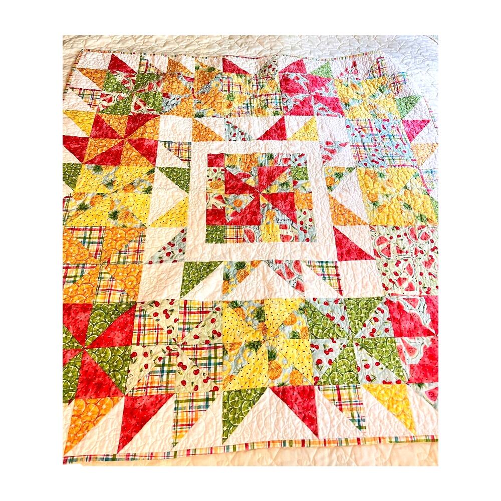 quilt pinwheel block lap couch blanket hand made whimsical fruit print 45"x45"